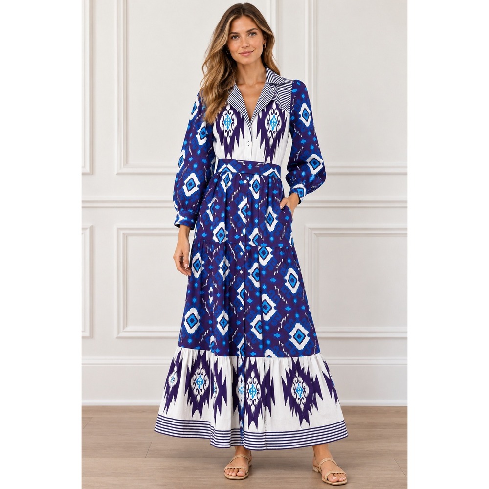 Garrie B Purple Ikat Striped Cotton Maxi Shirtdress Long Sleeve XS